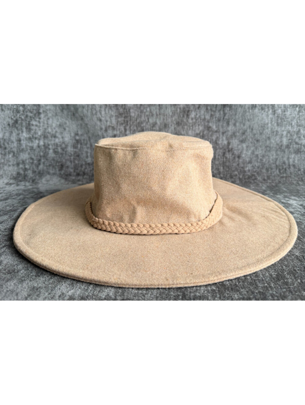 ASN Womens Tan Wide Brim Sun Hat Braided Trim Wool Blend Safari Boho Bucket